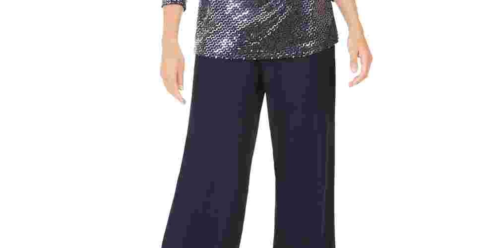 Jessica Howard Blusa feminina com lantejoulas e manga 3/4, gola redonda, azul, tamanho 14