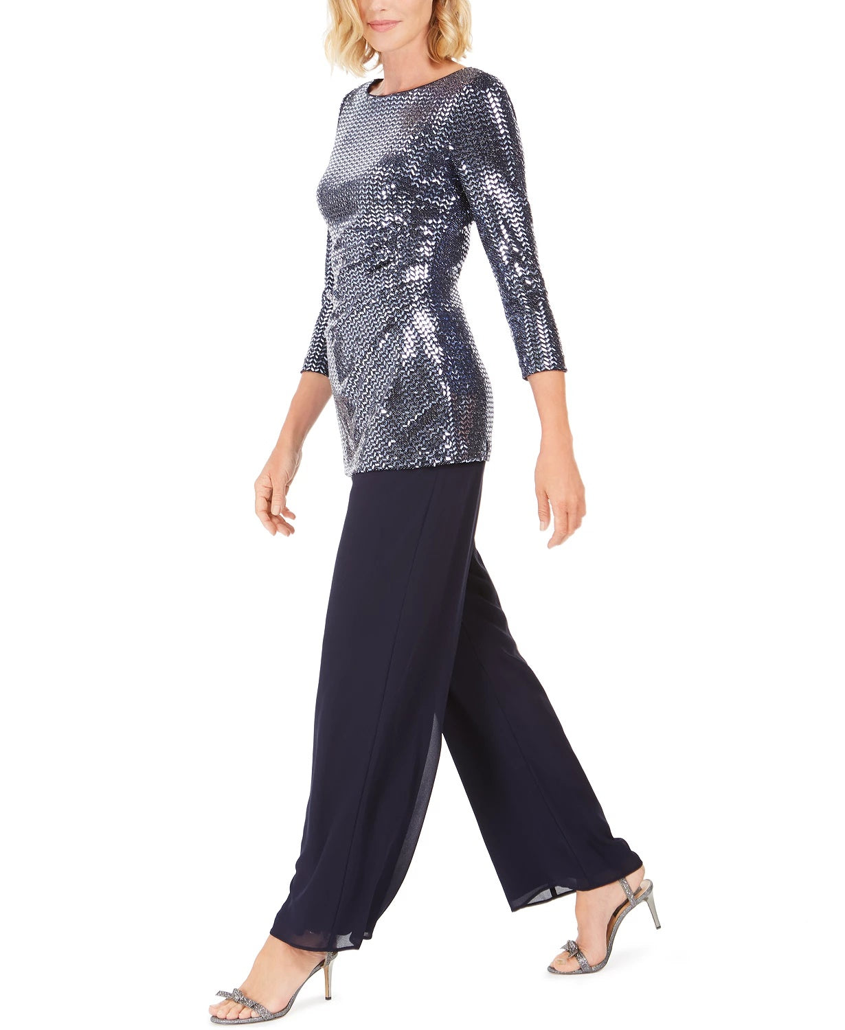 Blusa de lantejoulas e calça reta feminina Jessica Howard, azul-marinho, tamanho 12