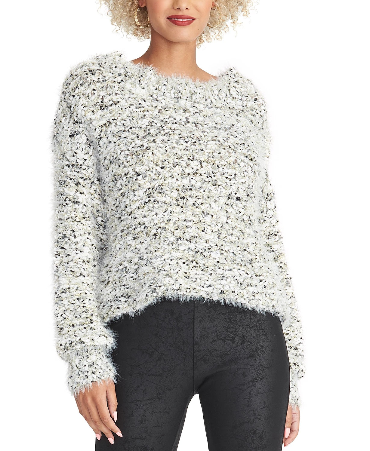 Rachel Roy Suéter Feminino Glitter Fuzzy Manga Longa Gola Joia Branco Tamanho X-S