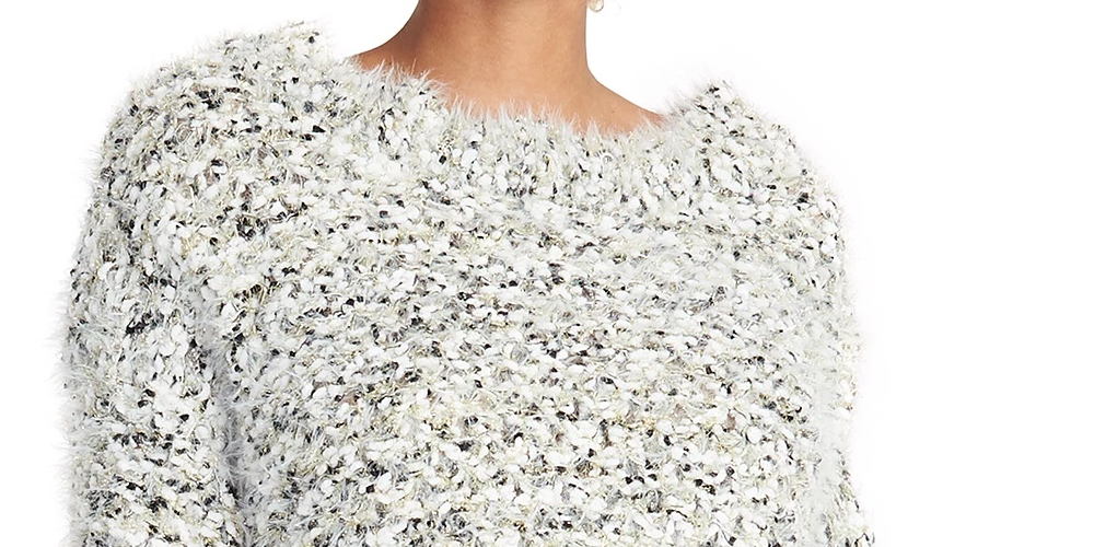 Rachel Roy Suéter Feminino Glitter Fuzzy Manga Longa Gola Joia Branco Tamanho X-S