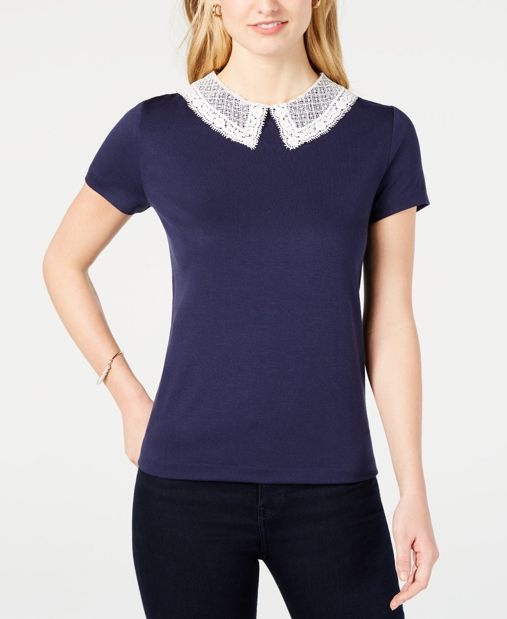 Blusa feminina Maison Jules com gola de renda, azul, tamanho X-S