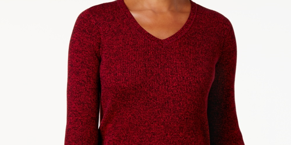 Karen Scott Suéter Feminino de Algodão Canelado Marmorizado Vermelho Tamanho Pequeno X-Grande