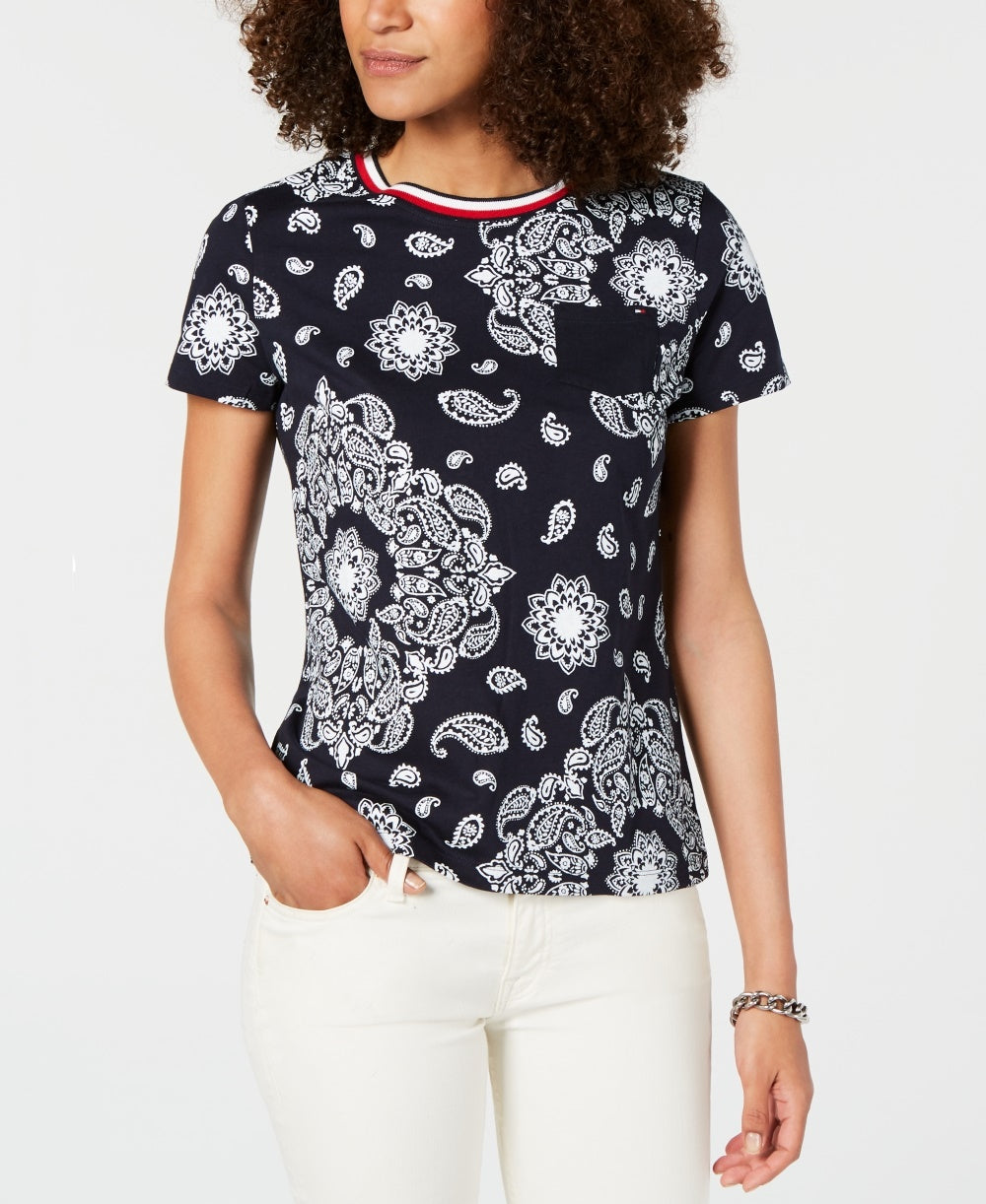 Tommy Hilfiger Blusa Feminina Listrada de Algodão Estampada Azul Tamanho Grande