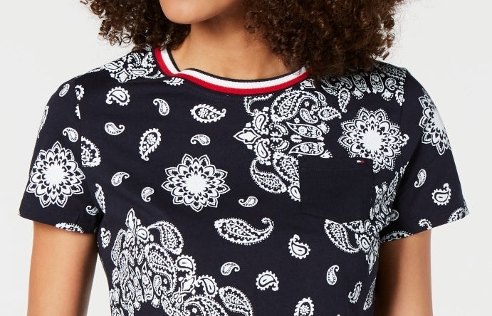 Tommy Hilfiger Blusa Feminina Listrada de Algodão Estampada Azul Tamanho Grande