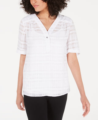 Blusa feminina xadrez com decote em V Alfani, branca, tamanho pequeno médio