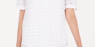 Blusa feminina xadrez com decote em V Alfani, branca, tamanho pequeno médio