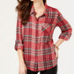 Blusa feminina estilo &amp; co com lantejoulas e estampa xadrez, manga comprida, gola alta, botões, vermelha, tamanho pequeno médio