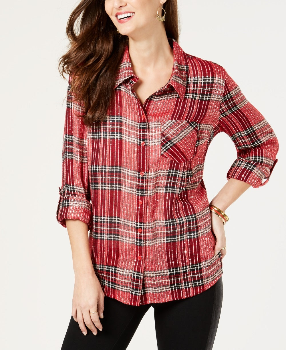 Blusa feminina estilo &amp; co com lantejoulas e estampa xadrez, manga comprida, gola alta, botões, vermelha, tamanho pequeno médio