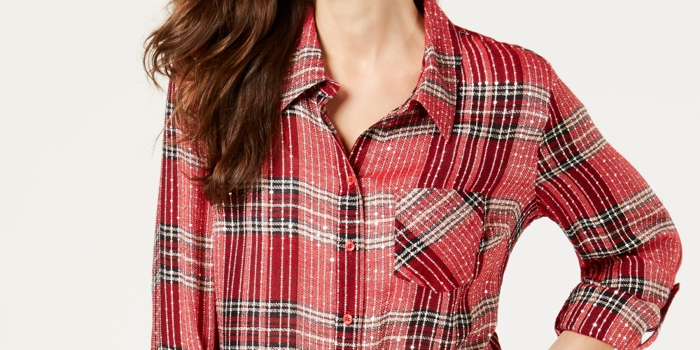 Blusa feminina estilo &amp; co com lantejoulas e estampa xadrez, manga comprida, gola alta, botões, vermelha, tamanho pequeno médio