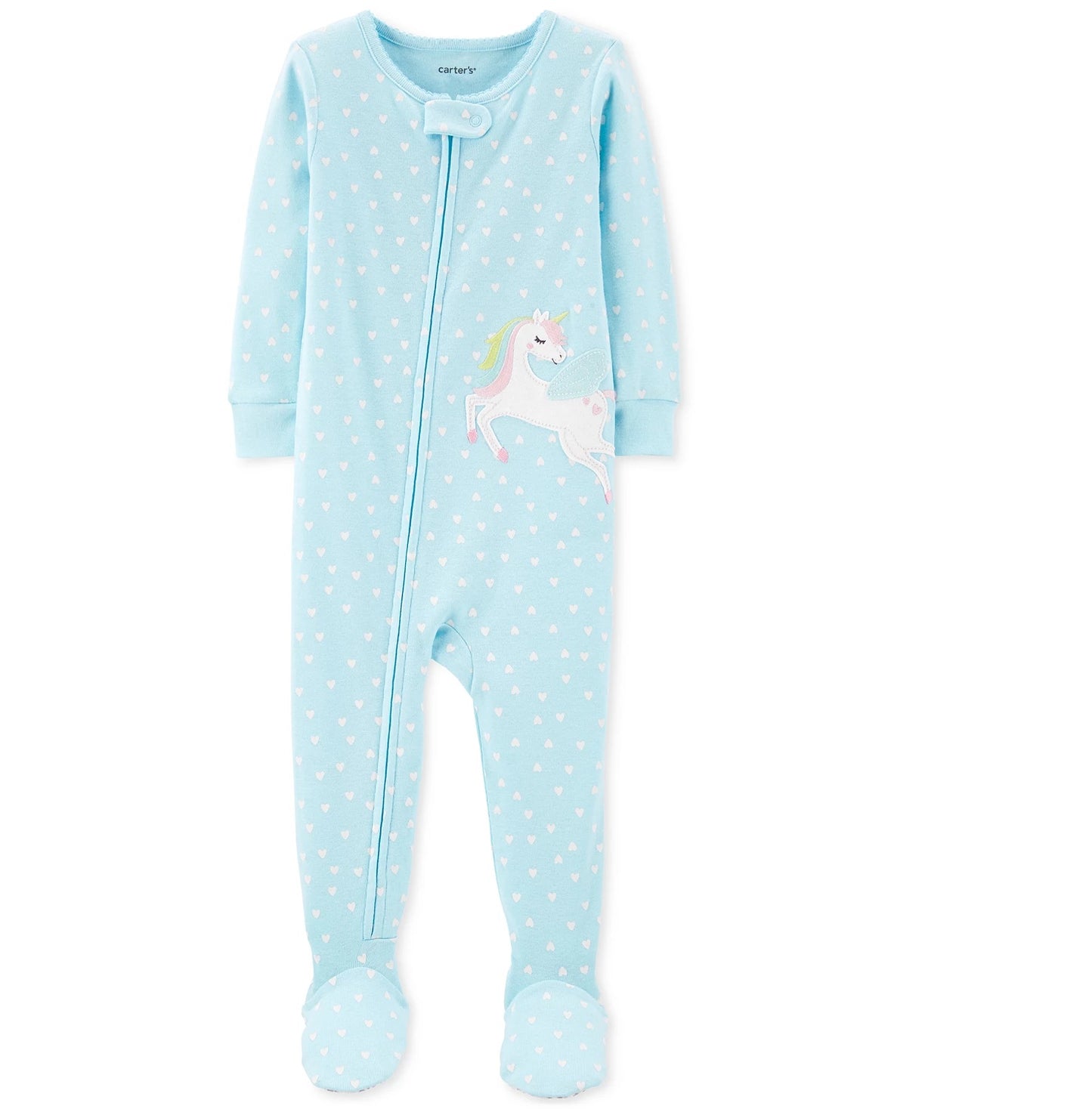 Pijama infantil Carter's para meninas, estampa de coração, com pé de pé de pé, azul, tamanho 3T