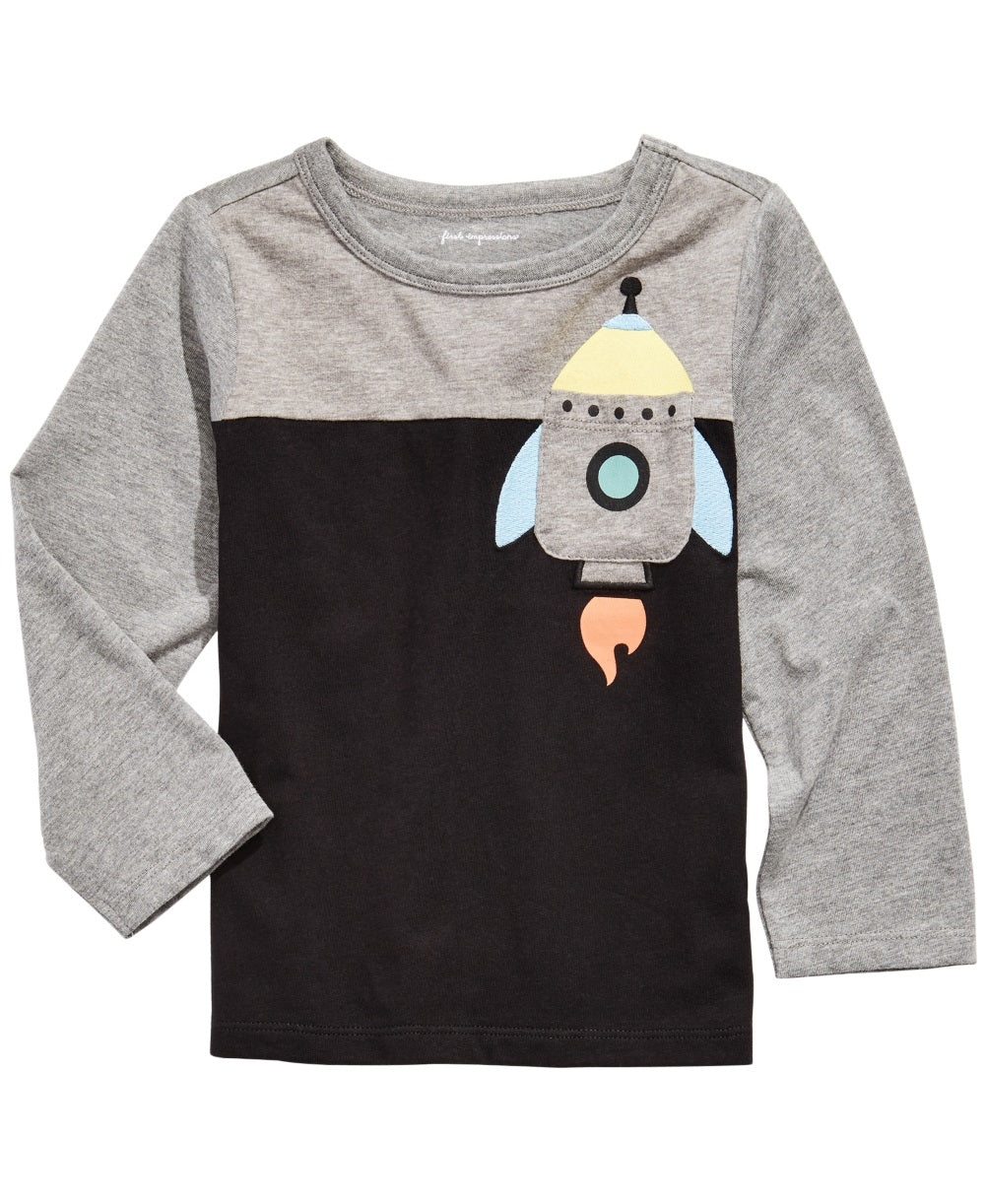 Camiseta com bolso e estampa de foguete para meninos First Impressions, preta, tamanho 18 meses