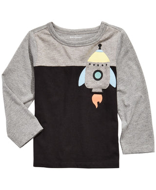 Camiseta com bolso e estampa de foguete para meninos First Impressions, preta, tamanho 18 meses