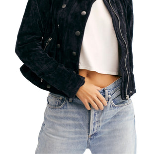 Jaqueta feminina com zíper Free People, preta, tamanho pequeno