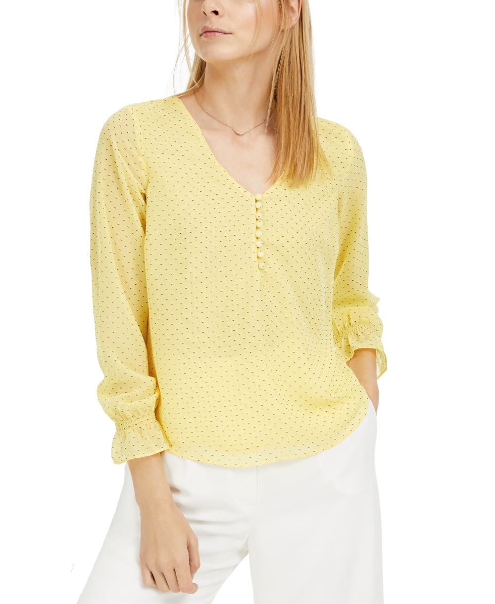 Blusa feminina estampada com babados e punhos Maison Jules, tamanho médio, amarelo, tamanho extragrande