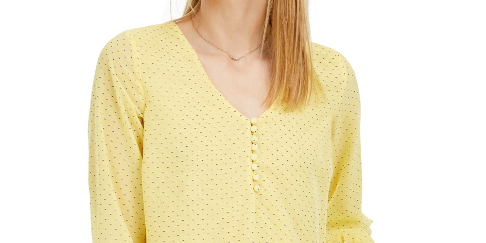 Blusa feminina estampada com babados e punhos Maison Jules, tamanho médio, amarelo, tamanho extragrande