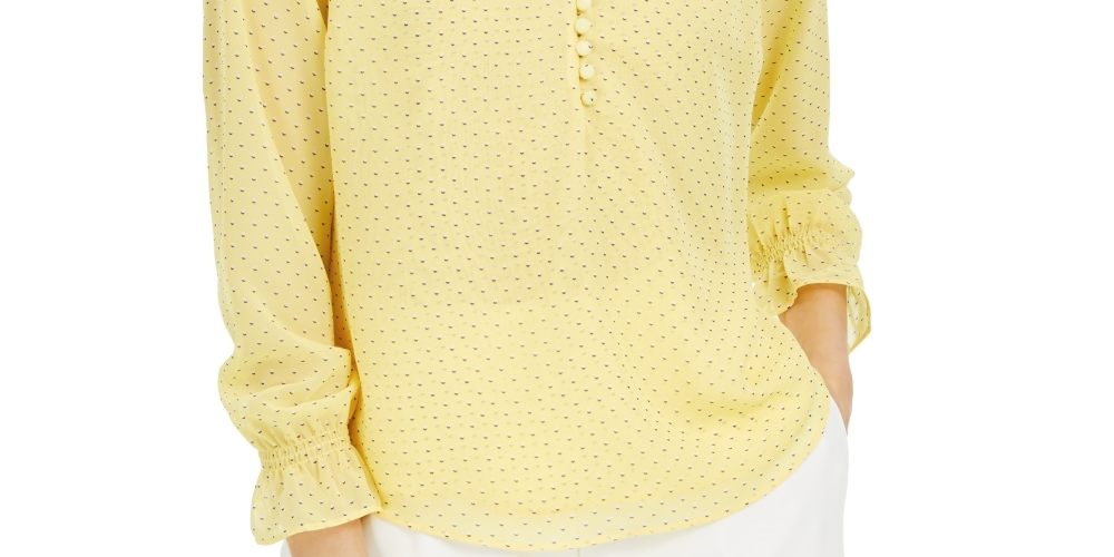Blusa feminina estampada com babados e punhos Maison Jules, tamanho médio, amarelo, tamanho extragrande