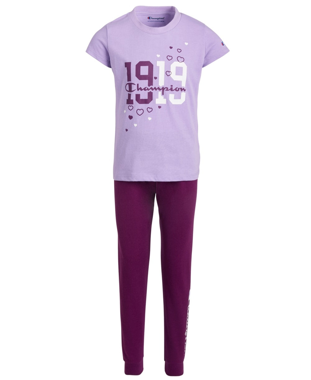 Conjunto de 2 peças de camiseta e calça jogger francesa Champion infantil para meninas, roxo, tamanho 2T