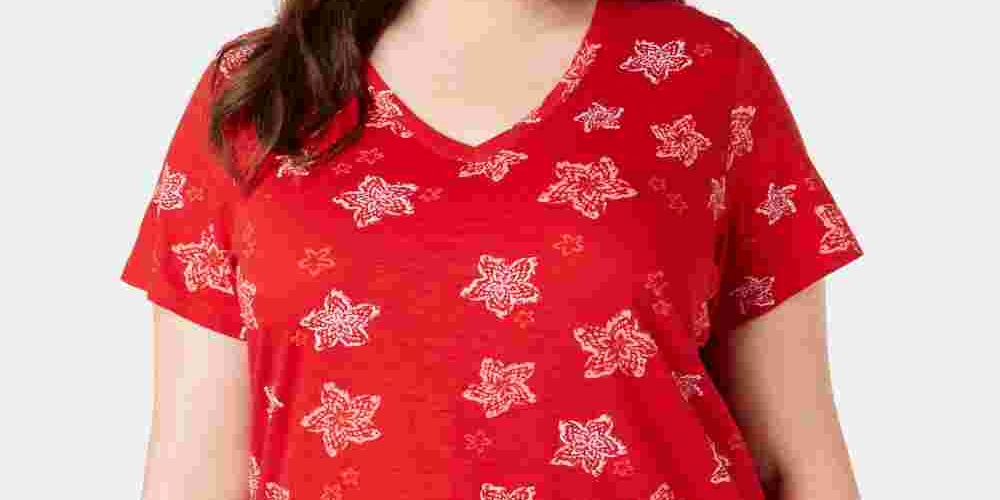 Camiseta feminina plus size de algodão estampada estilo &amp; co vermelha tamanho 2X