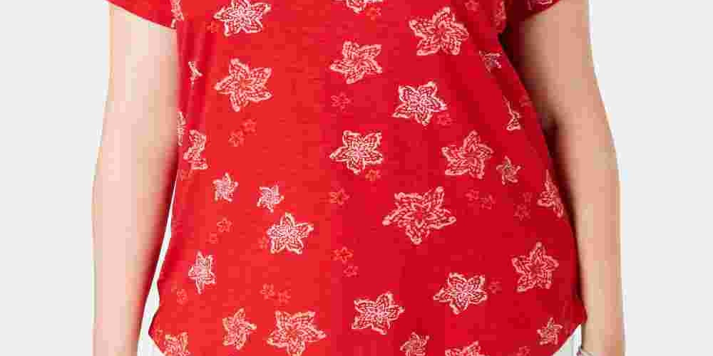 Camiseta feminina plus size de algodão estampada estilo &amp; co vermelha tamanho 2X