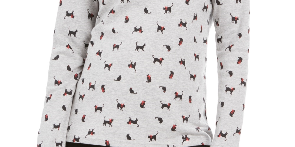 Blusa feminina Karen Scott com estampa de gatos e laços, gola falsa, cinza, tamanho PL