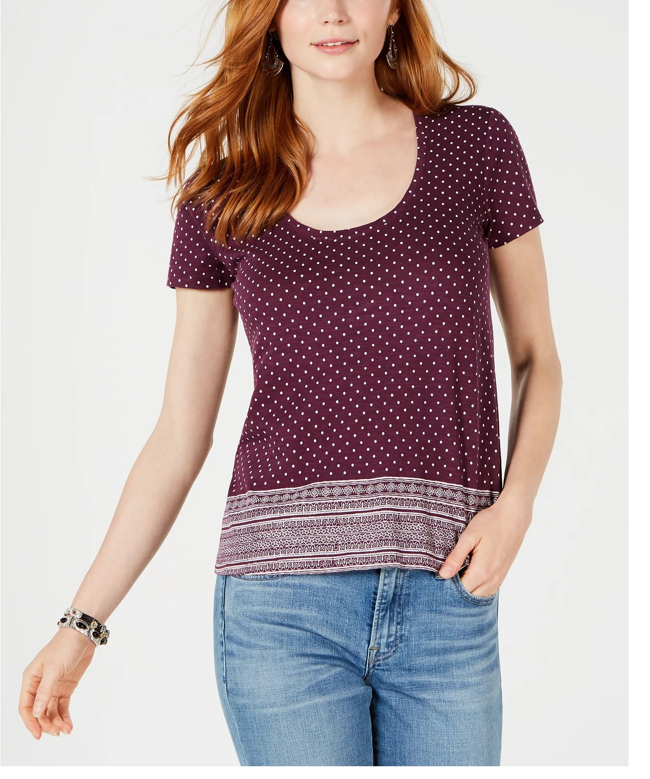 Camiseta feminina com estampa de borda Lucky Brand, roxa, tamanho extragrande