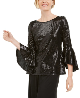 MSK Women's Mirror-Dot Bell-Sleeve Top Black Size X-Large