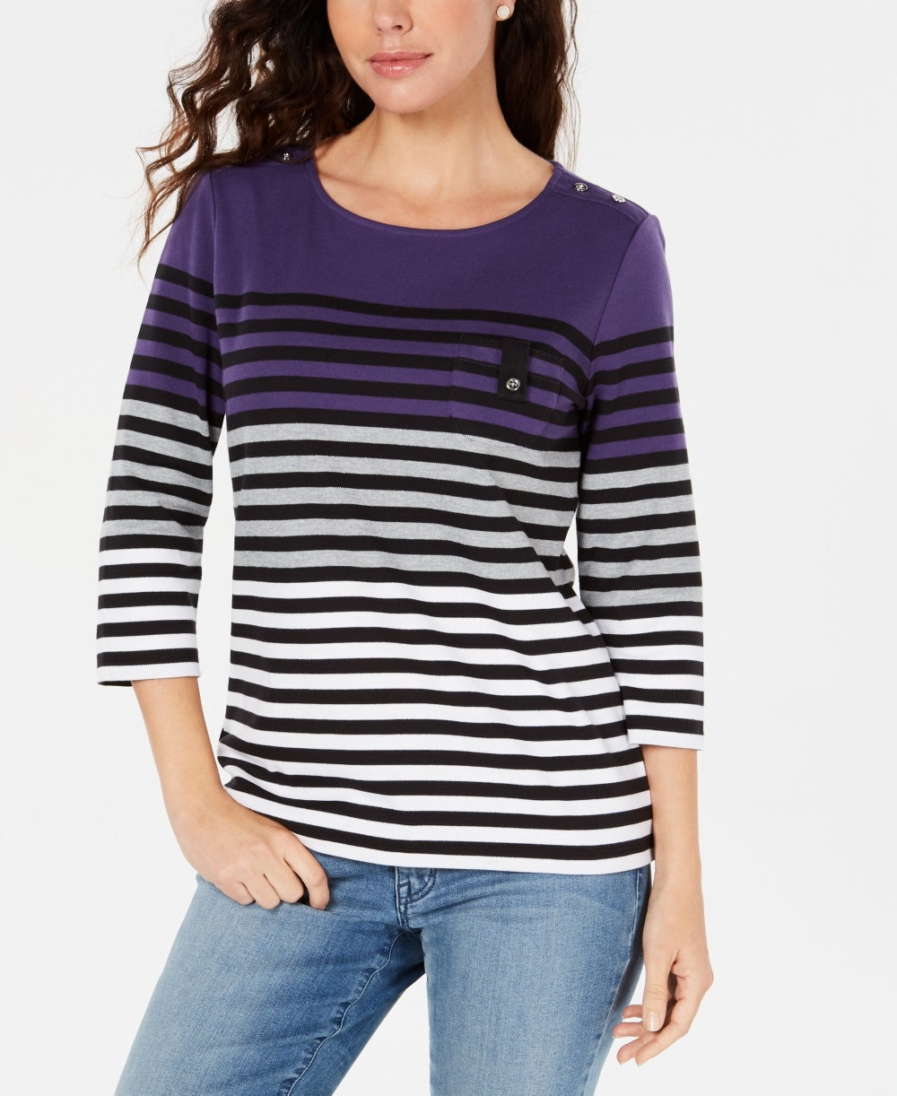 Karen Scott Top Listrado Feminino Petite Colorblock Roxo Tamanho Petit