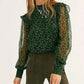 Blusa peplum com gola mandarim e manga comprida estampada feminina Free People, tamanho extra grande, verde
