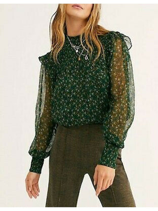 Blusa peplum com gola mandarim e manga comprida estampada feminina Free People, tamanho extra grande, verde