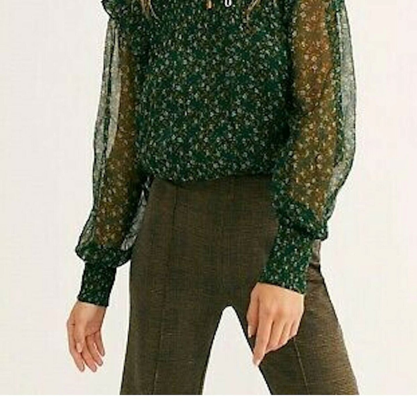 Blusa peplum com gola mandarim e manga comprida estampada feminina Free People, tamanho extra grande, verde