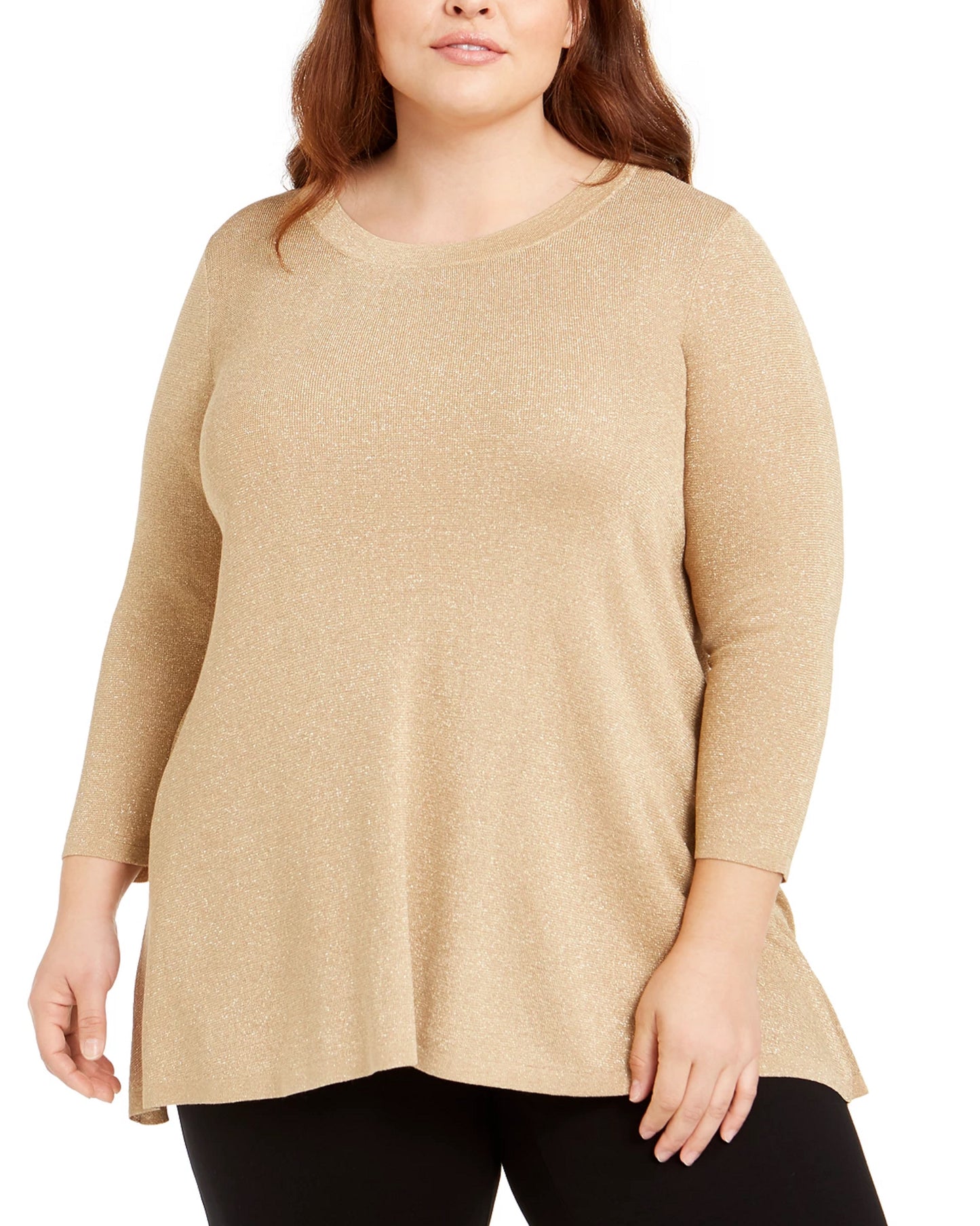 Blusa feminina Anne Klein com textura e glitter, manga comprida, gola redonda, tamanho 1X, dourada