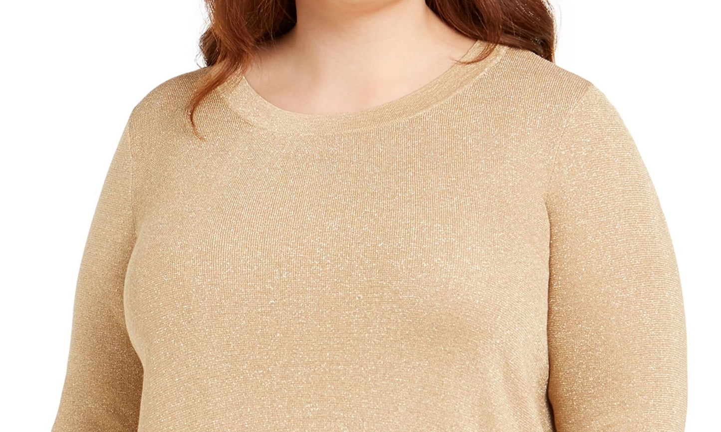 Blusa feminina Anne Klein com textura e glitter, manga comprida, gola redonda, tamanho 1X, dourada