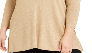 Blusa feminina Anne Klein com textura e glitter, manga comprida, gola redonda, tamanho 1X, dourada