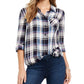 Camisa xadrez feminina de algodão com mangas curtas e abas Style &amp; Co, preta, tamanho pequeno