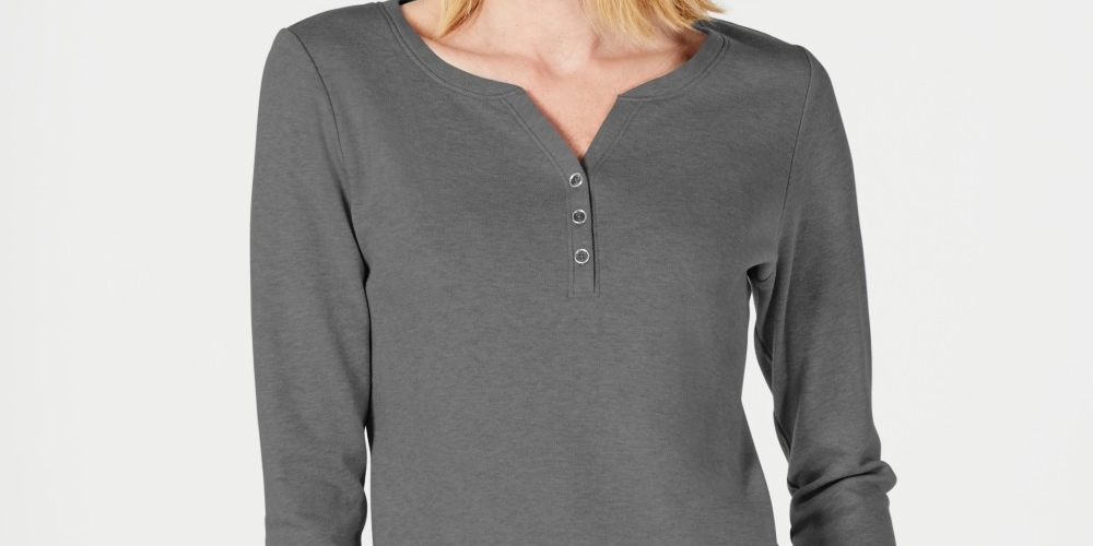 Karen Scott Top Henley de Algodão Feminino Cinza Escuro Tamanho XX-Grande