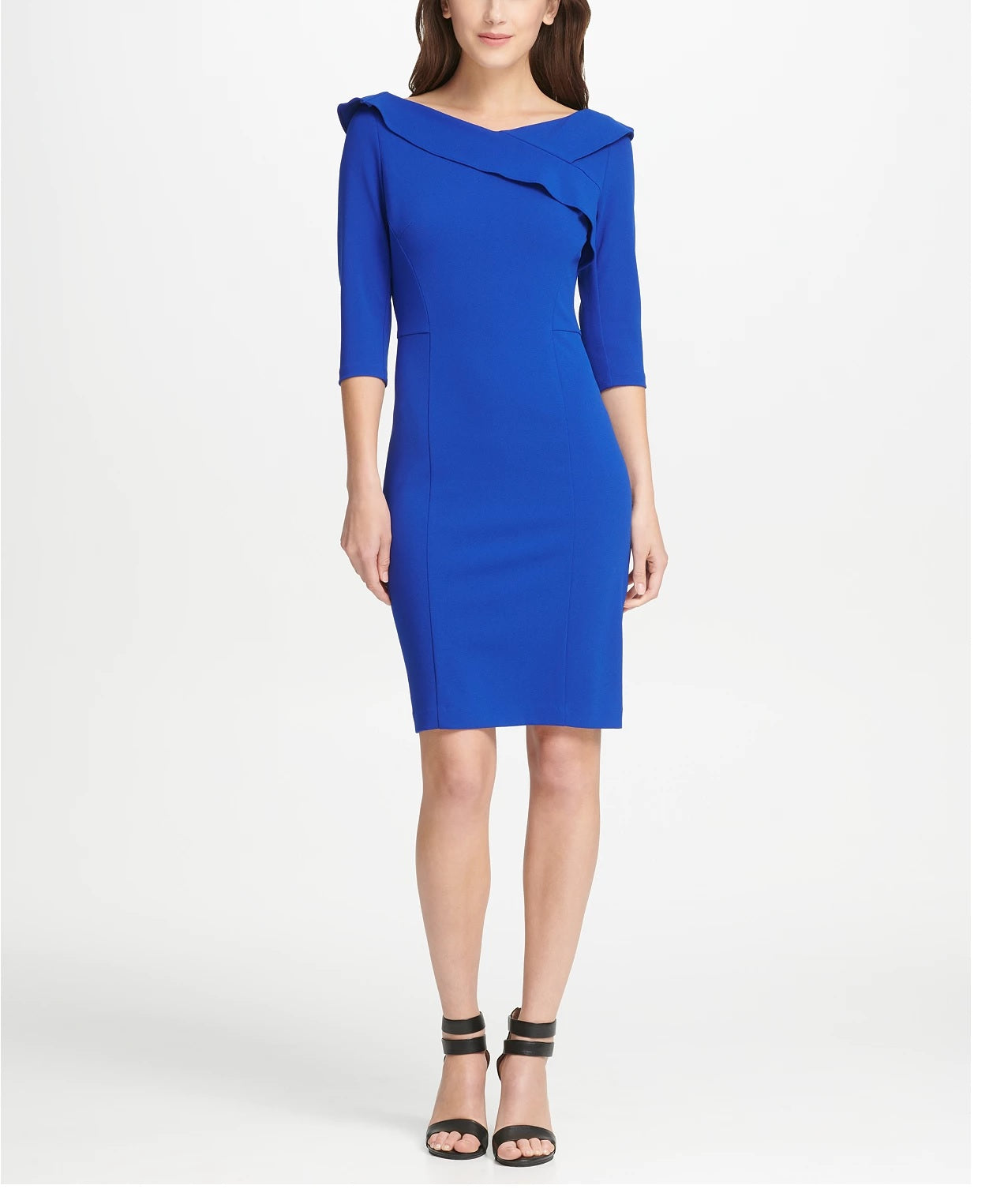 Vestido tubinho com babados e decote em V DKNY feminino, azul, tamanho 8