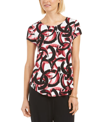 Alfani Women's Petite Printed Round-Hem T-Shirt  Red Size PM