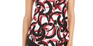 Camiseta feminina Alfani Petite estampada com bainha redonda, vermelha, tamanho P