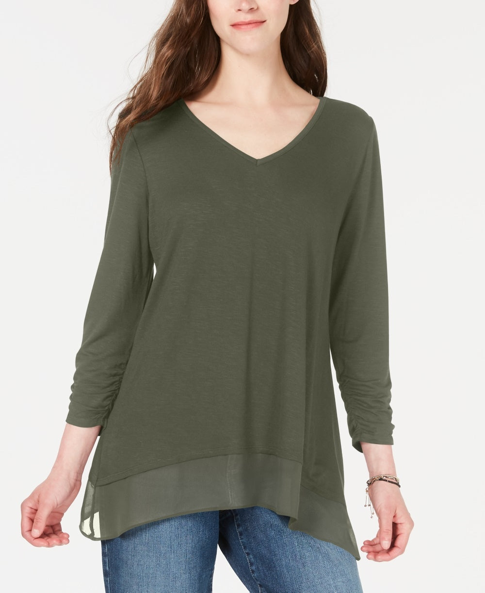 Top feminino estilo &amp; co de chiffon com bainha pequena, verde médio, tamanho P