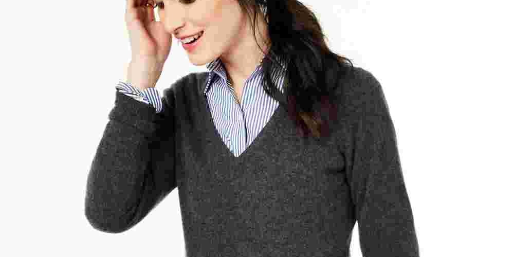 Suéter de cashmere feminino com decote em V Charter Club, tamanhos regular e pequeno, cinza, pequeno e pequeno