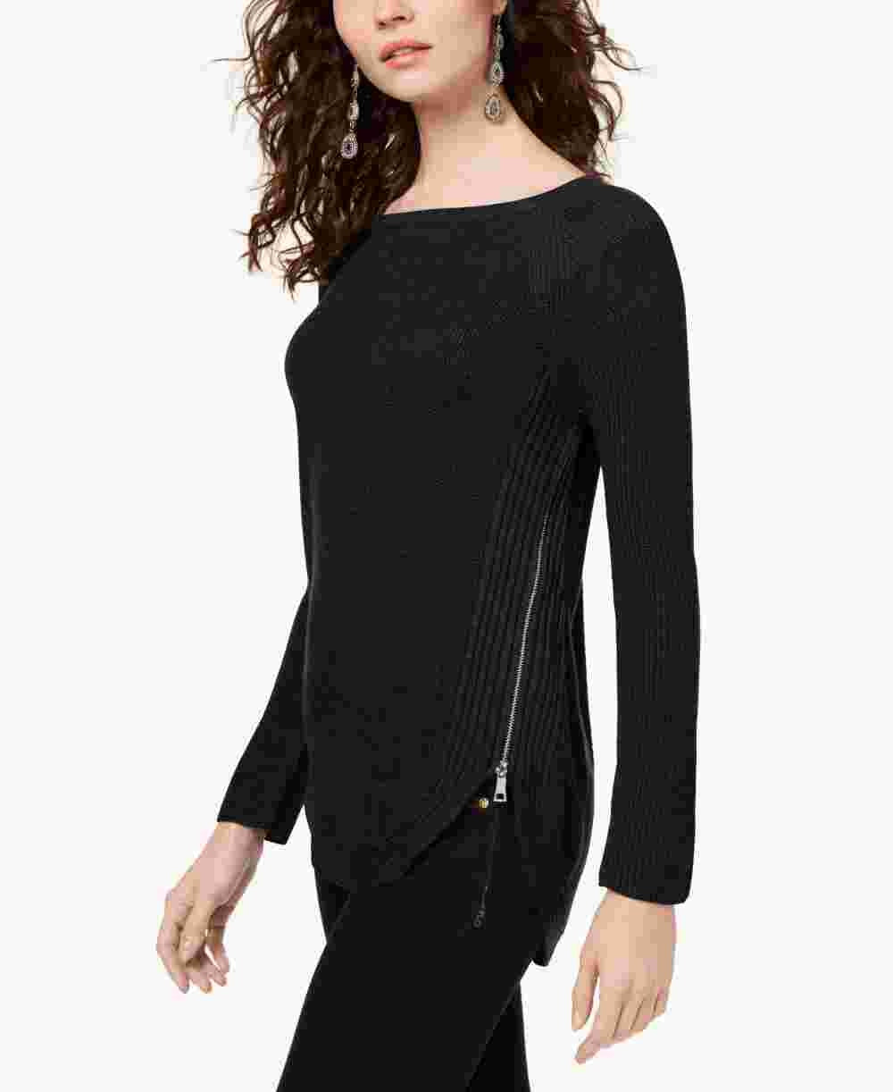 Suéter túnica feminino de malha waffle pequena com zíper lateral, preto, tamanho PL, da INC International Concepts