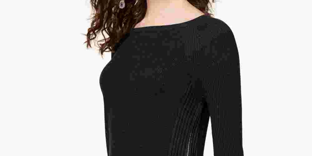 Suéter túnica feminino de malha waffle pequena com zíper lateral, preto, tamanho PL, da INC International Concepts