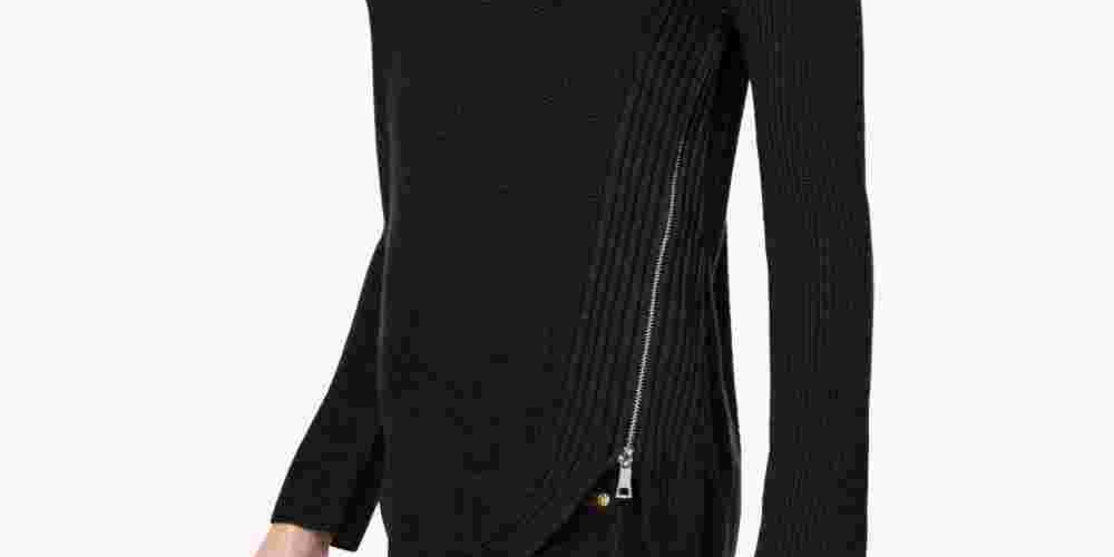 Suéter túnica feminino de malha waffle pequena com zíper lateral, preto, tamanho PL, da INC International Concepts