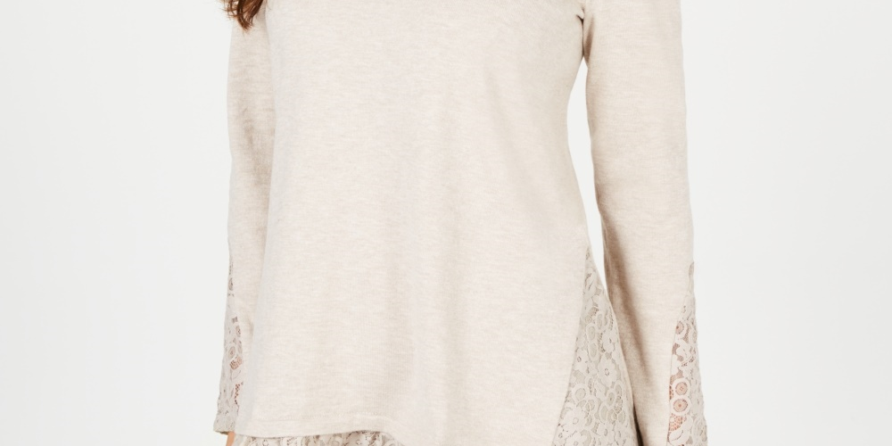 Blusa feminina estilo &amp; co com acabamento em renda e manga comprida, bege, tamanho pequeno, extragrande