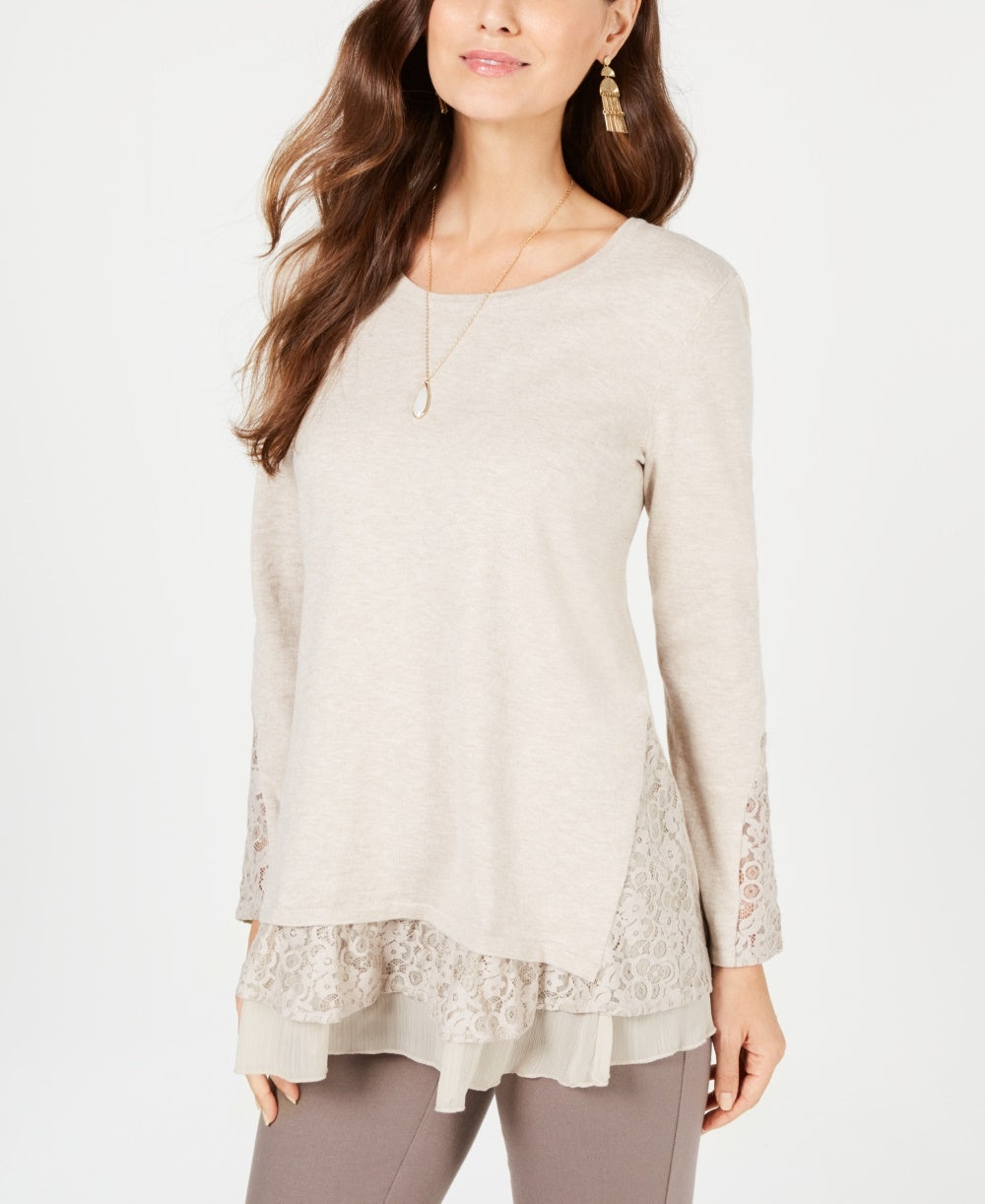 Blusa feminina estilo &amp; co com acabamento em renda e manga comprida, bege, tamanho PL