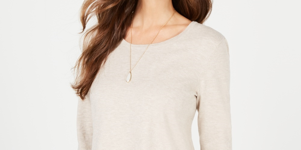Blusa feminina estilo &amp; co com acabamento em renda e manga comprida, bege, tamanho PL