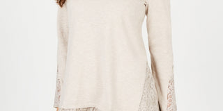 Blusa feminina estilo &amp; co com acabamento em renda e manga comprida, bege, tamanho PL