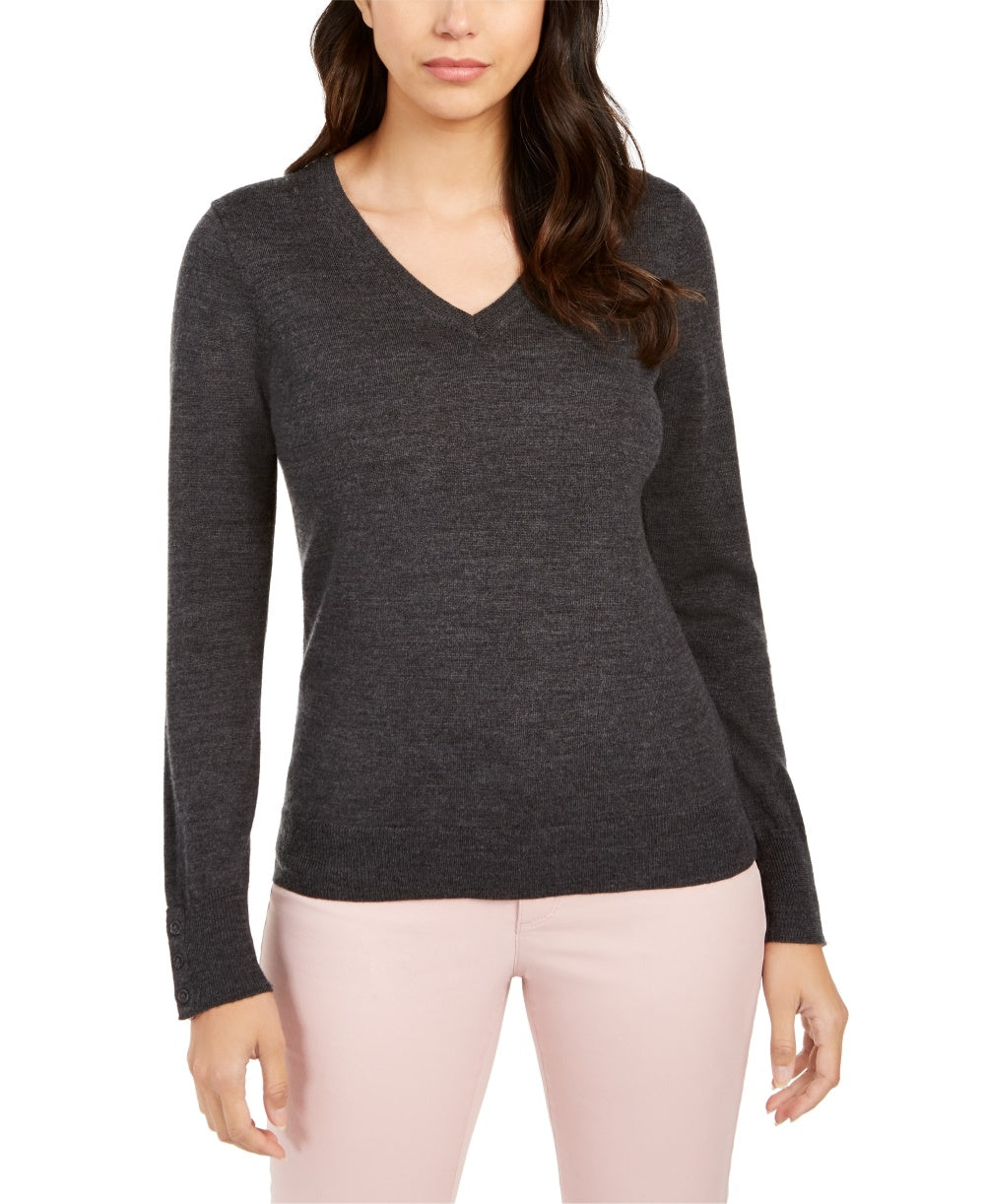 Suéter feminino de lã merino com botões e decote em V, tamanho X-G, cinza, Charter Club