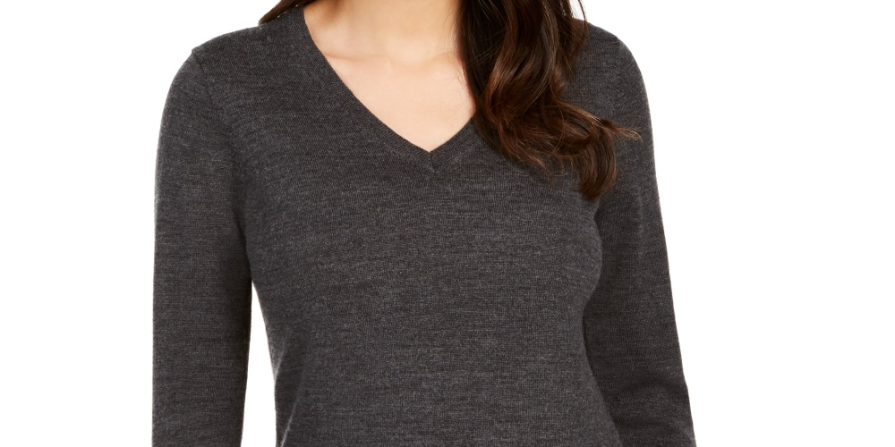 Suéter feminino de lã merino com botões e decote em V, tamanho X-G, cinza, Charter Club