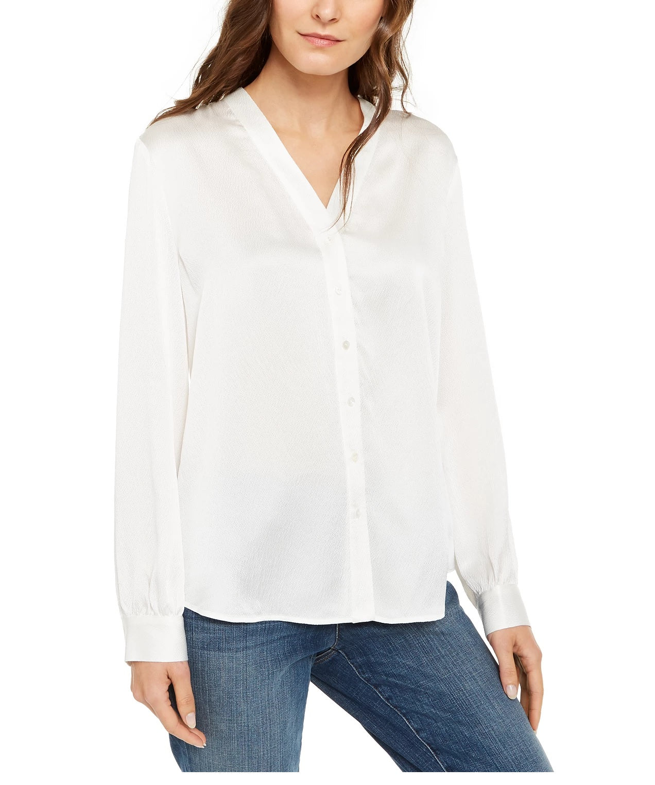 Blusa feminina Eileen Fisher de seda com botões frontais e botões, branca, tamanho grande
